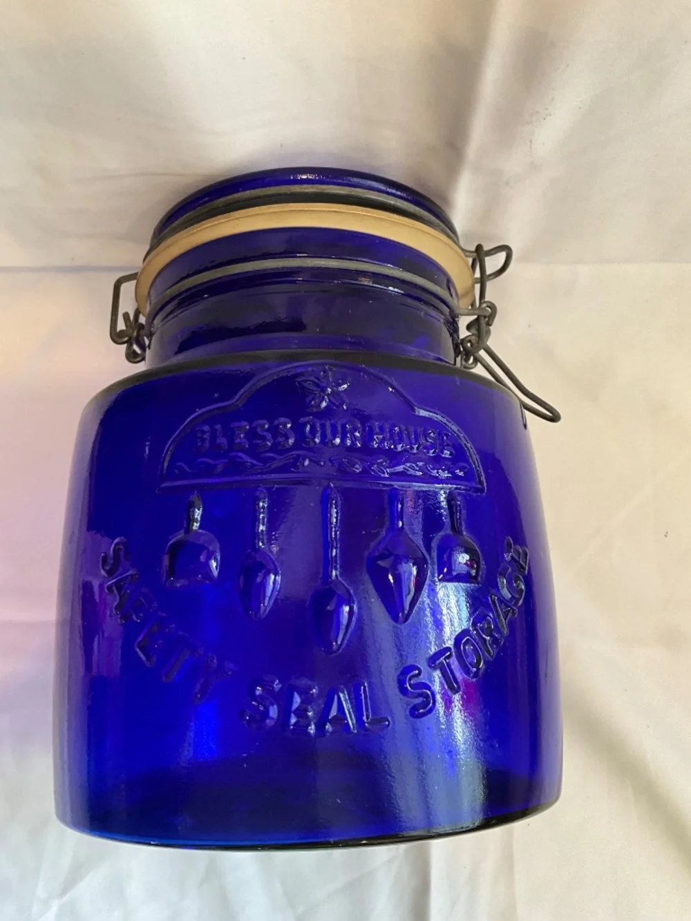Vintage Crownford‎ China Co Cobalt Blue 2-Quart Jar Bless Our House Italy